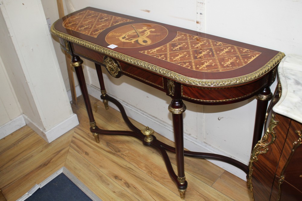 A pair of Meuble Francais marquetry inlaid console tables, W.130cm D.39cm H.80cm